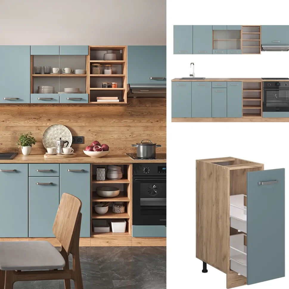 Vicco Küchenzeile "R-Line", Blau-Grau/Goldkraft Eiche, 240 cm ohne Arbeitsplatte