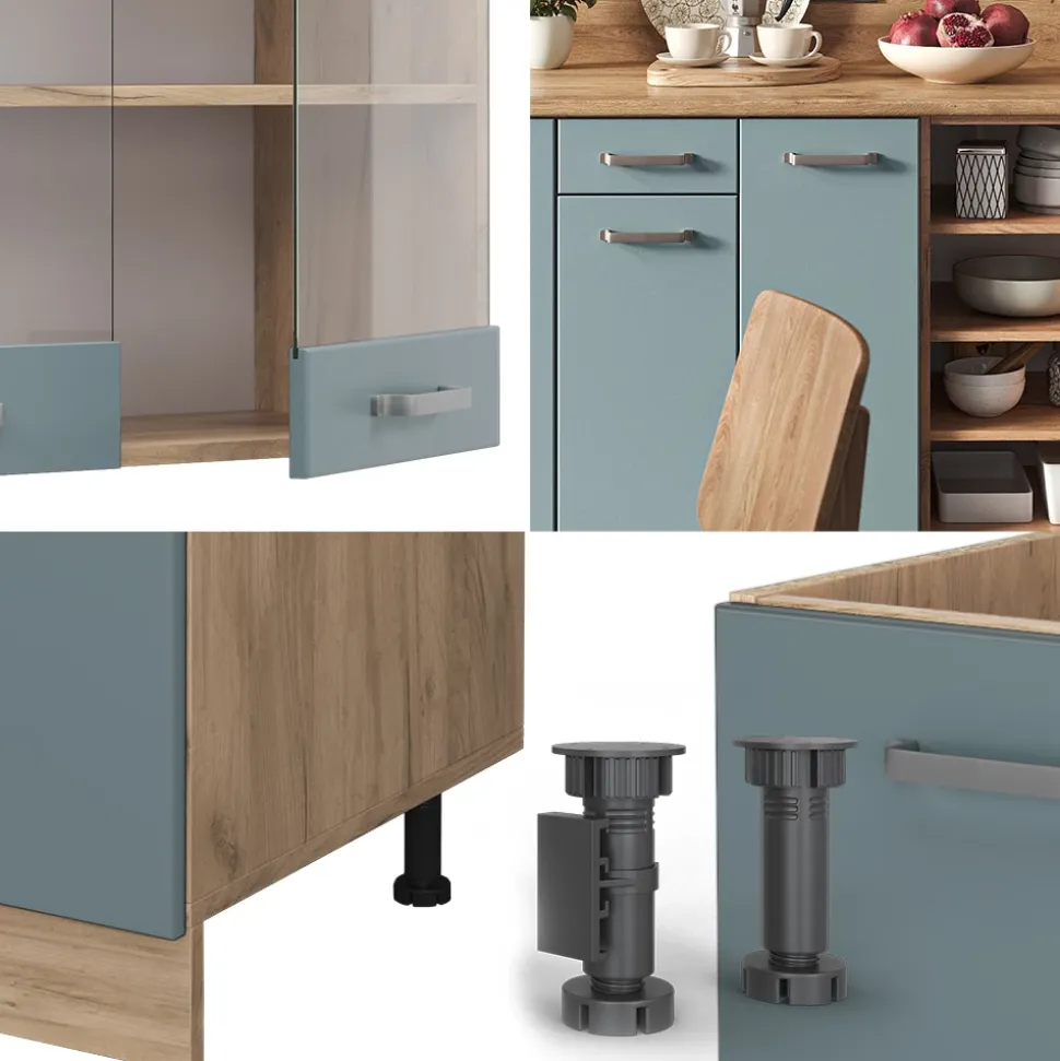 Vicco Küchenzeile "R-Line", Blau-Grau/Goldkraft Eiche, 240 cm ohne Arbeitsplatte