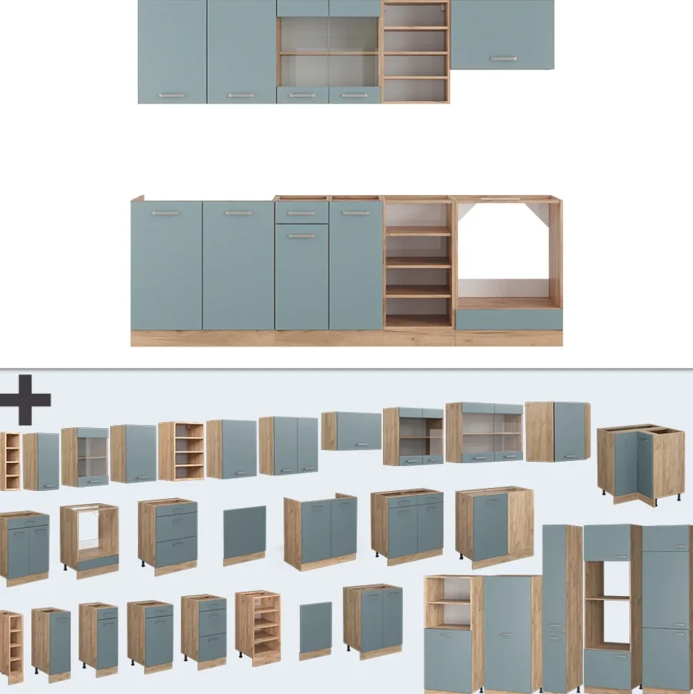 Vicco Küchenzeile "R-Line", Blau-Grau/Goldkraft Eiche, 240 cm ohne Arbeitsplatte