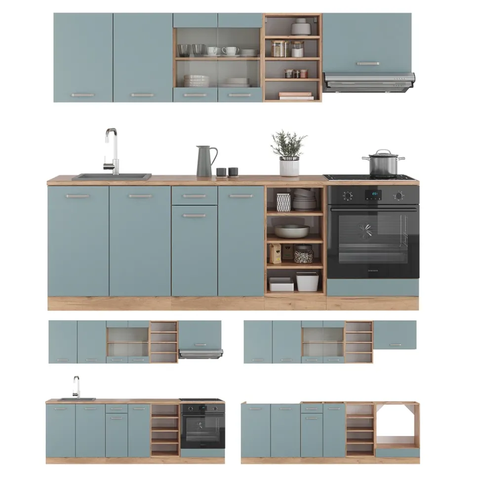 Vicco Küchenzeile "R-Line", Blau-Grau/Goldkraft Eiche, 240 cm ohne Arbeitsplatte