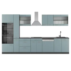 Vicco Küchenzeile "R-Line", Blau-Grau/Anthrazit, 350 cm mit Hochschrank, ohne Arbeitsplatte