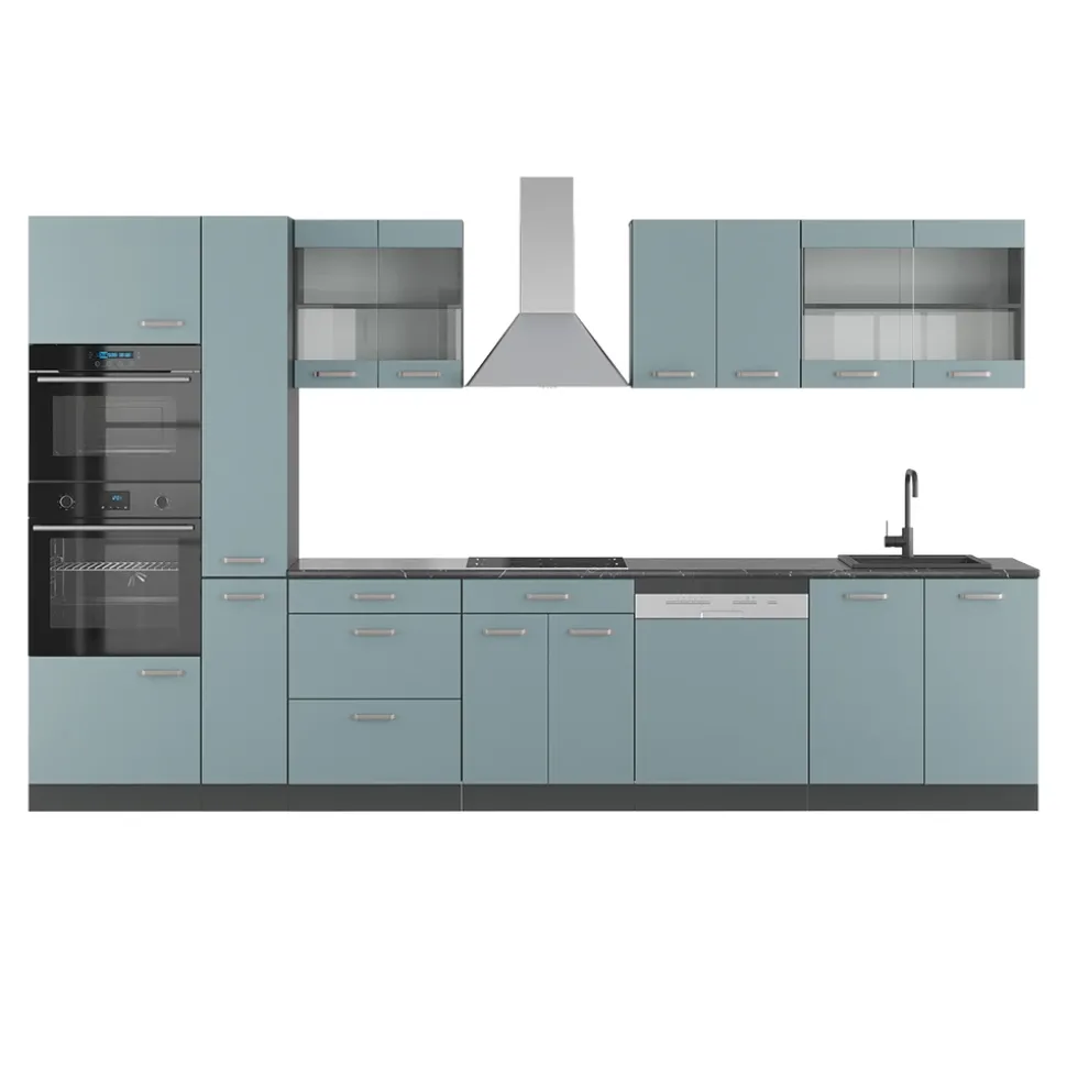 Vicco Küchenzeile "R-Line", Blau-Grau/Anthrazit, 350 cm mit Hochschrank, ohne Arbeitsplatte