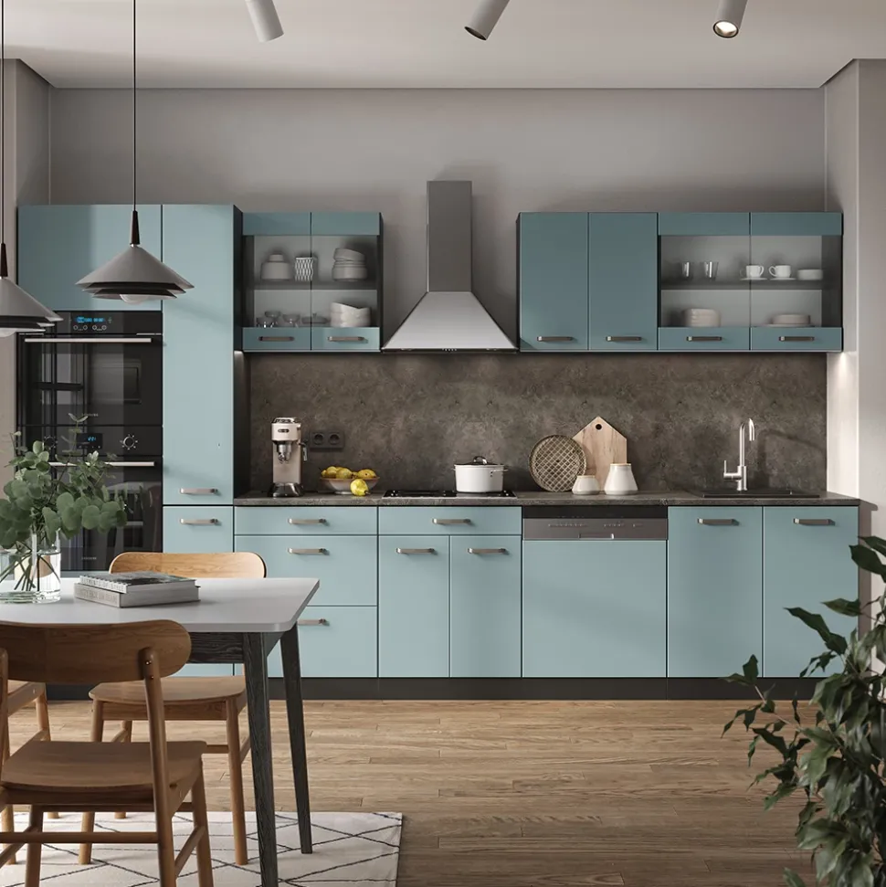 Vicco Küchenzeile "R-Line", Blau-Grau/Anthrazit, 350 cm mit Hochschrank, ohne Arbeitsplatte