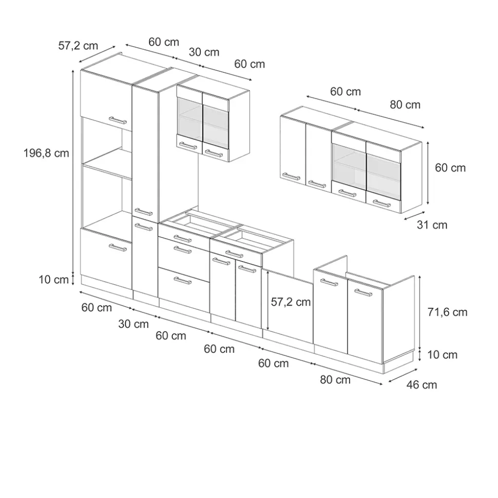 Vicco Küchenzeile "R-Line", Blau-Grau/Anthrazit, 350 cm mit Hochschrank, ohne Arbeitsplatte