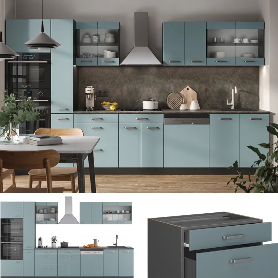 Vicco Küchenzeile "R-Line", Blau-Grau/Anthrazit, 350 cm mit Hochschrank, ohne Arbeitsplatte