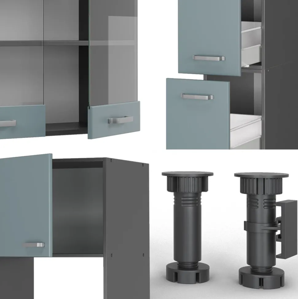 Vicco Küchenzeile "R-Line", Blau-Grau/Anthrazit, 350 cm mit Hochschrank, ohne Arbeitsplatte