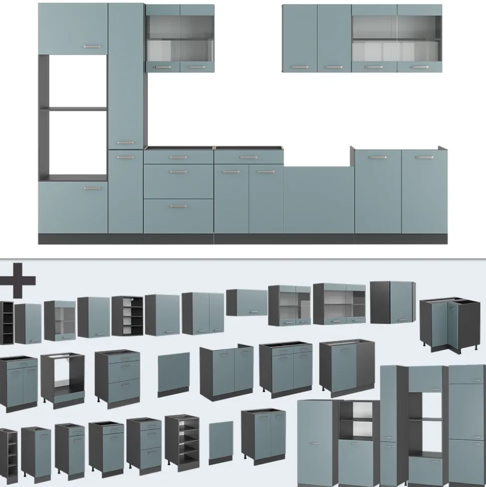 Vicco Küchenzeile "R-Line", Blau-Grau/Anthrazit, 350 cm mit Hochschrank, ohne Arbeitsplatte