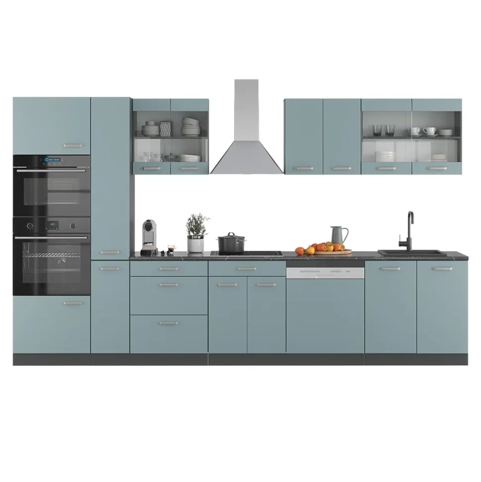 Vicco Küchenzeile "R-Line", Blau-Grau/Anthrazit, 350 cm mit Hochschrank, ohne Arbeitsplatte