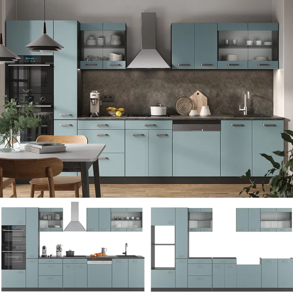 Vicco Küchenzeile "R-Line", Blau-Grau/Anthrazit, 350 cm mit Hochschrank, ohne Arbeitsplatte