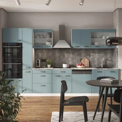 Vicco Küchenzeile "R-Line", Blau-Grau/Weiß, 300 cm mit Hochschrank, ohne Arbeitsplatte