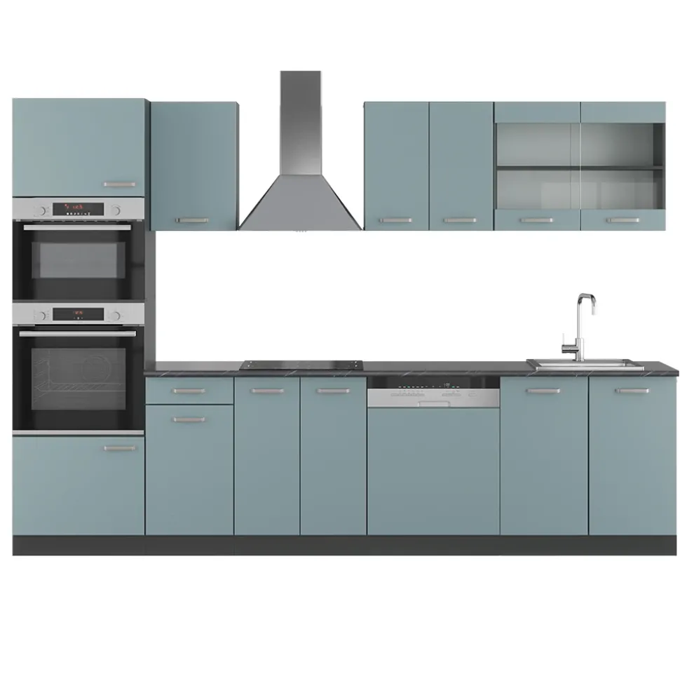 Vicco Küchenzeile "R-Line", Blau-Grau/Anthrazit, 300 cm mit Hochschrank, ohne Arbeitsplatte