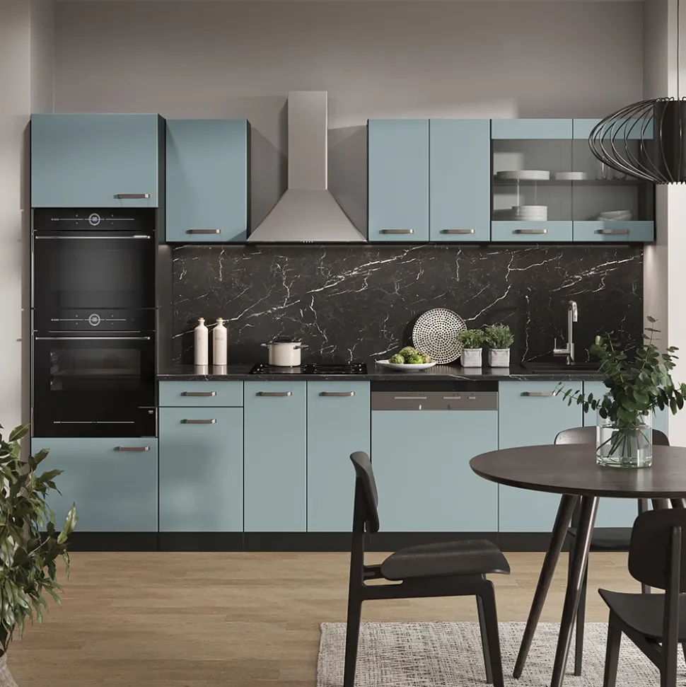 Vicco Küchenzeile "R-Line", Blau-Grau/Anthrazit, 300 cm mit Hochschrank, ohne Arbeitsplatte