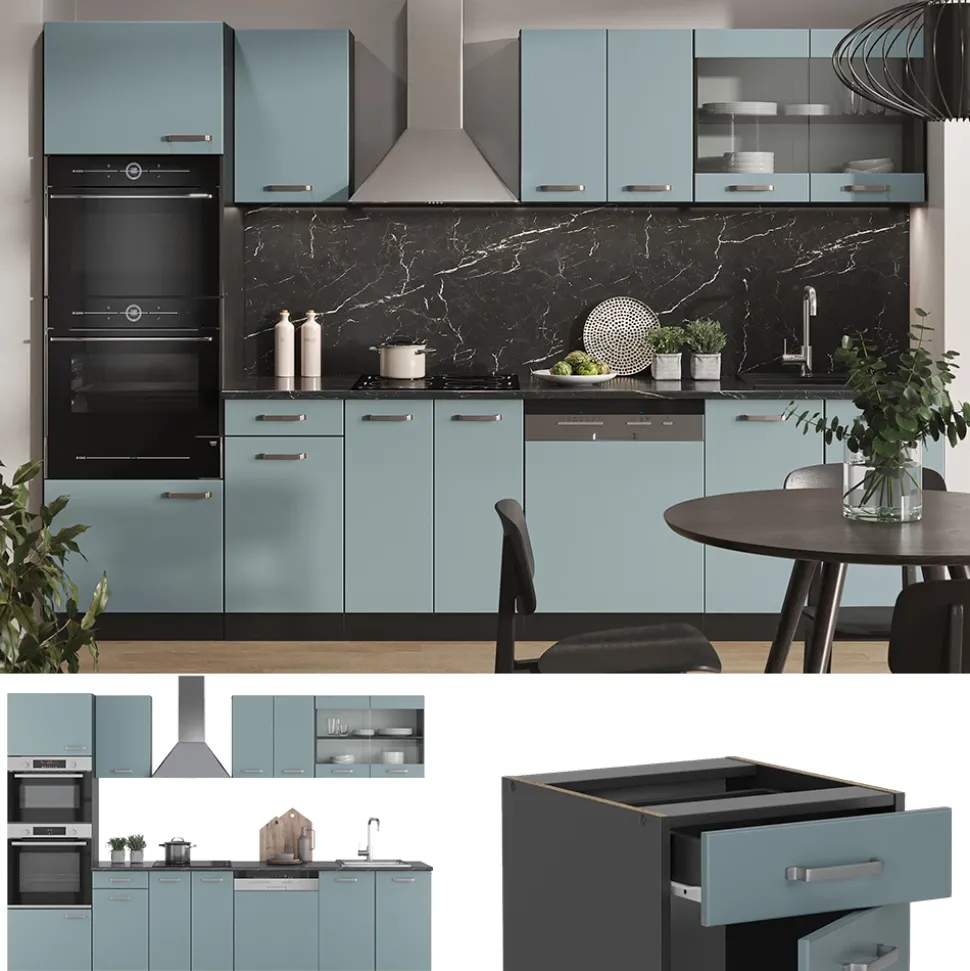 Vicco Küchenzeile "R-Line", Blau-Grau/Anthrazit, 300 cm mit Hochschrank, ohne Arbeitsplatte