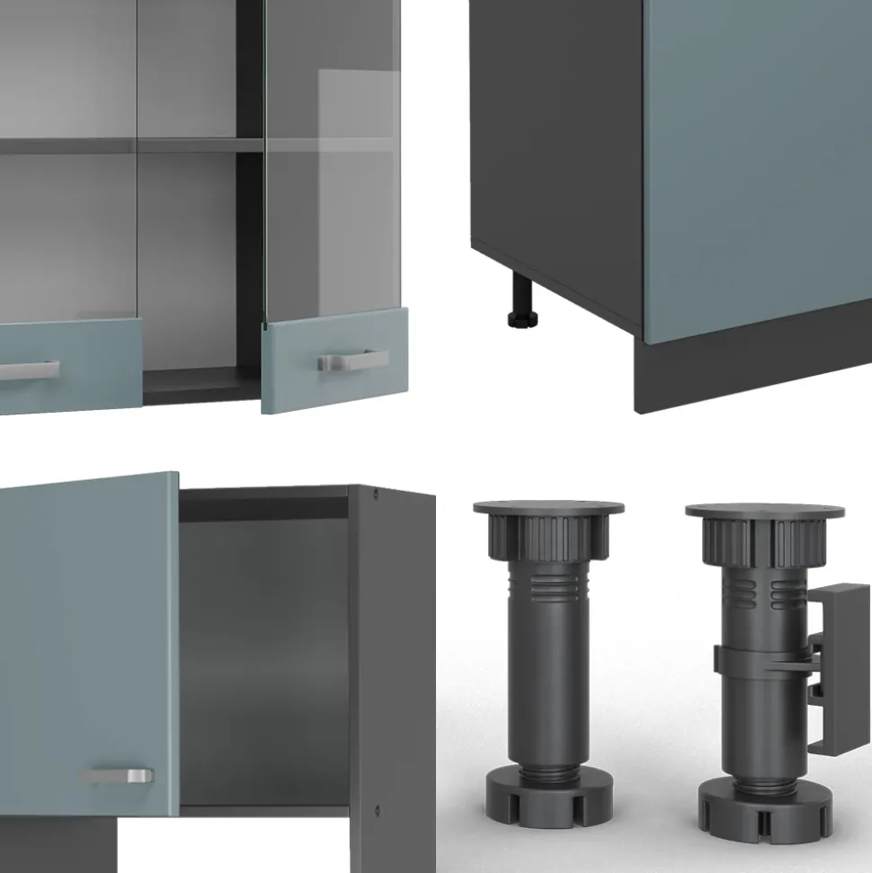 Vicco Küchenzeile "R-Line", Blau-Grau/Anthrazit, 300 cm mit Hochschrank, ohne Arbeitsplatte