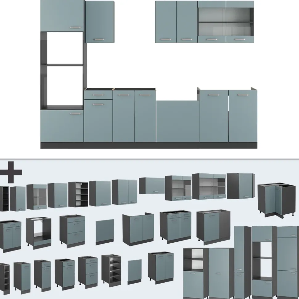 Vicco Küchenzeile "R-Line", Blau-Grau/Anthrazit, 300 cm mit Hochschrank, ohne Arbeitsplatte