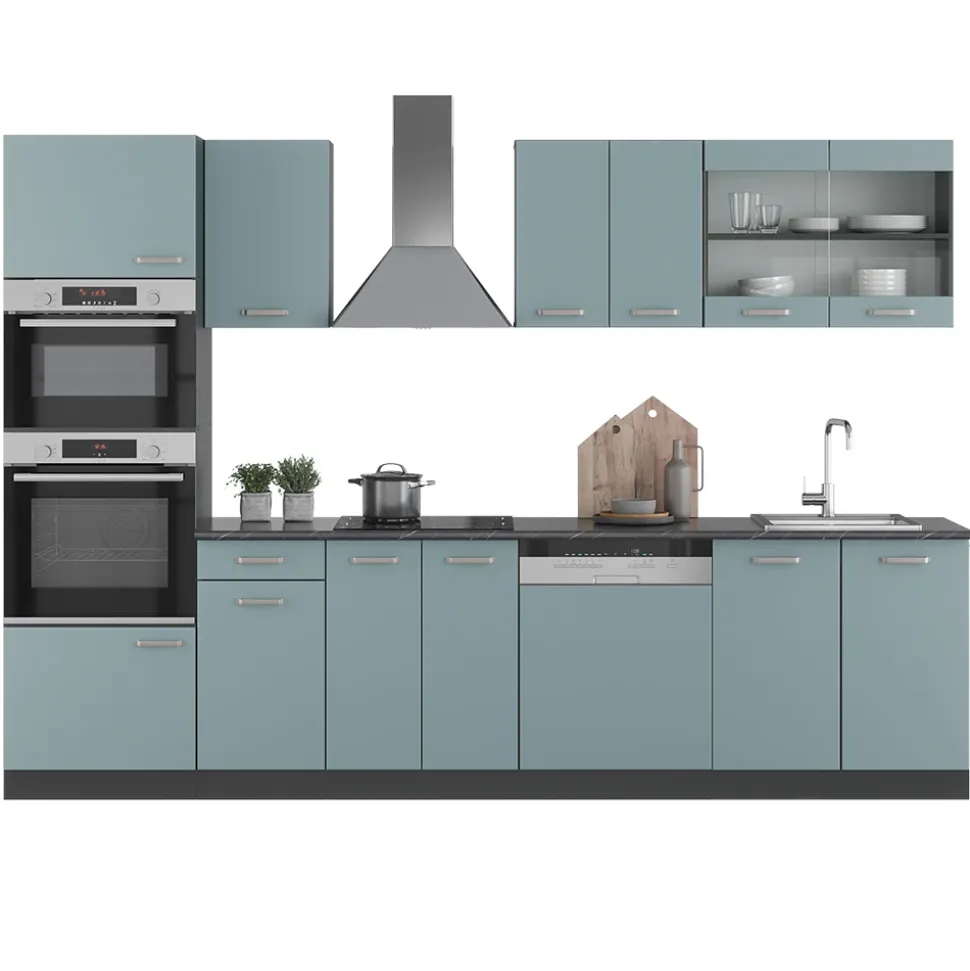 Vicco Küchenzeile "R-Line", Blau-Grau/Anthrazit, 300 cm mit Hochschrank, ohne Arbeitsplatte