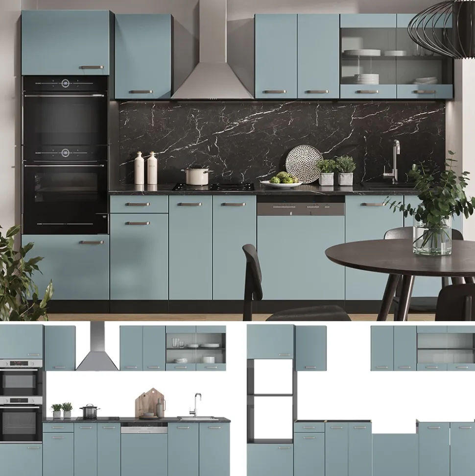 Vicco Küchenzeile "R-Line", Blau-Grau/Anthrazit, 300 cm mit Hochschrank, ohne Arbeitsplatte