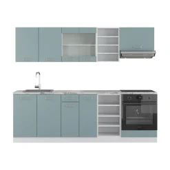 Vicco Küchenzeile R-Line, Küchenblock, Blau-Grau/Weiß, 240 cm ohne Arbeitsplatte