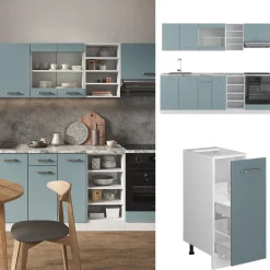 Vicco Küchenzeile R-Line, Küchenblock, Blau-Grau/Weiß, 240 cm ohne Arbeitsplatte