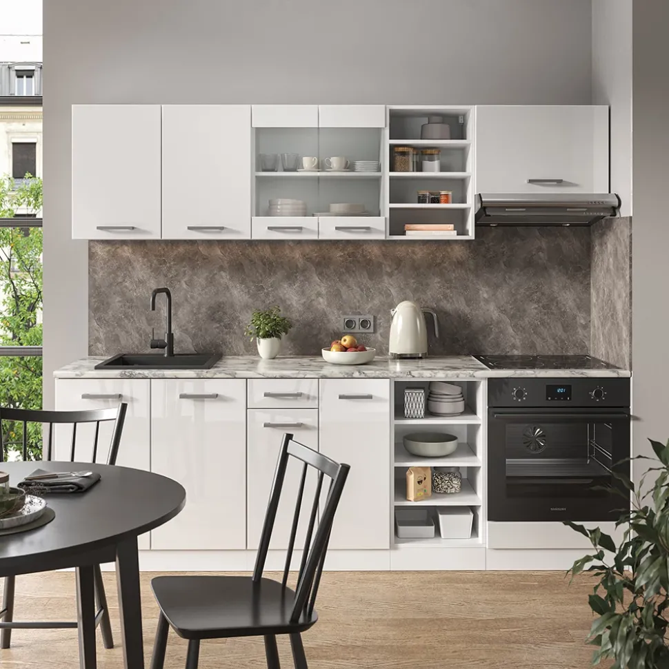 Vicco Küchenzeile R-Line, Küchenblock, Weiß Hochglanz/Weiß, 240 cm, AP Marmor