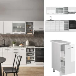 Vicco Küchenzeile R-Line, Küchenblock, Weiß Hochglanz/Weiß, 240 cm, AP Marmor