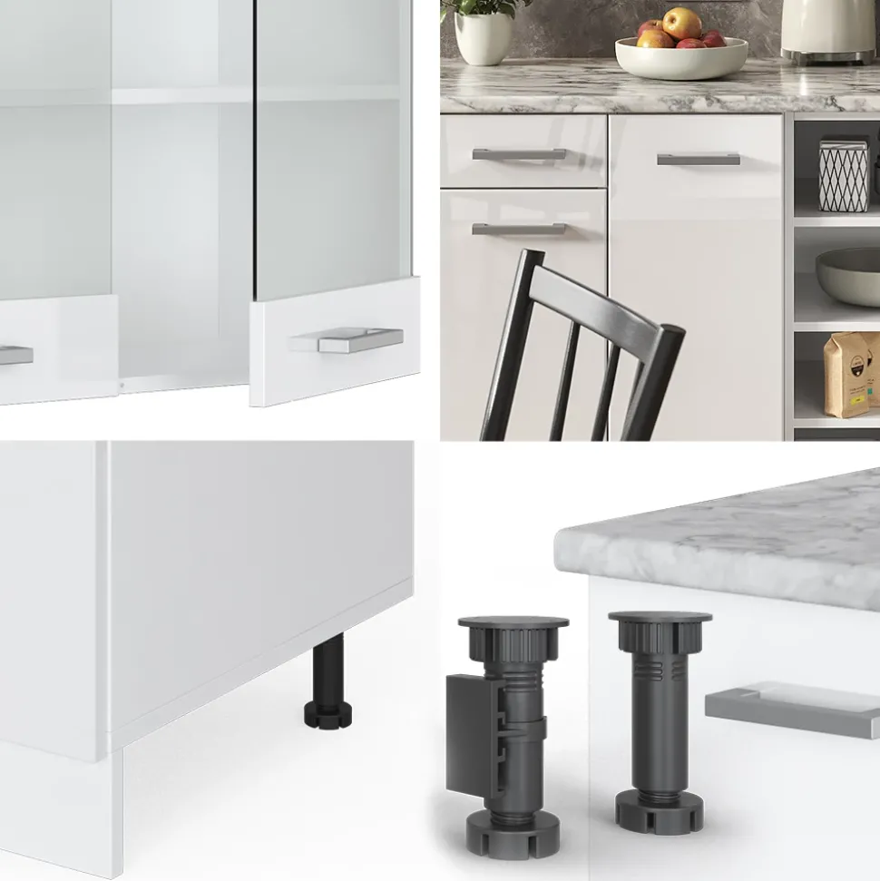 Vicco Küchenzeile R-Line, Küchenblock, Weiß Hochglanz/Weiß, 240 cm, AP Marmor