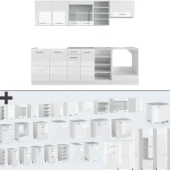 Vicco Küchenzeile R-Line, Küchenblock, Weiß Hochglanz/Weiß, 240 cm, AP Marmor