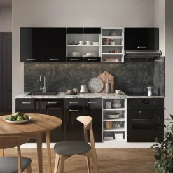 Vicco Küchenzeile R-Line, Küchenblock, Schwarz Hochglanz/Weiß, 240 cm, AP Marmor