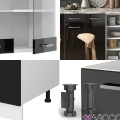 Vicco Küchenzeile R-Line, Küchenblock, Schwarz Hochglanz/Weiß, 240 cm, AP Marmor