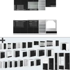 Vicco Küchenzeile R-Line, Küchenblock, Schwarz Hochglanz/Weiß, 240 cm, AP Marmor