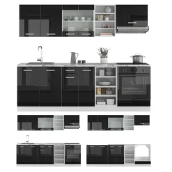 Vicco Küchenzeile R-Line, Küchenblock, Schwarz Hochglanz/Weiß, 240 cm, AP Marmor