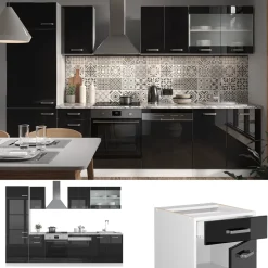 Vicco Küchenzeile R-Line, Küchenblock, Schwarz Hochglanz/Weiß, 300 cm, AP Marmor