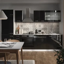 Vicco Küchenzeile R-Line, Küchenblock, Schwarz Hochglanz/Weiß, 300 cm, AP Marmor