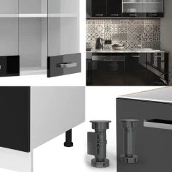 Vicco Küchenzeile R-Line, Küchenblock, Schwarz Hochglanz/Weiß, 300 cm, AP Marmor