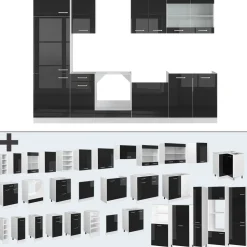 Vicco Küchenzeile R-Line, Küchenblock, Schwarz Hochglanz/Weiß, 300 cm, AP Marmor