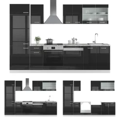 Vicco Küchenzeile R-Line, Küchenblock, Schwarz Hochglanz/Weiß, 300 cm, AP Marmor