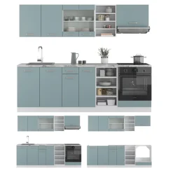 Vicco Küchenzeile R-Line, Küchenblock, Blau-Grau/Weiß, 240 cm, AP Marmor