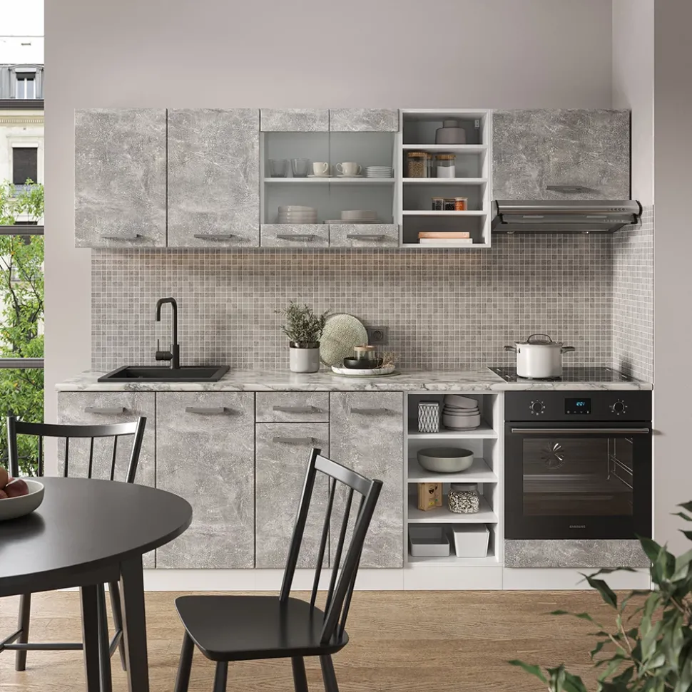 Vicco Küchenzeile R-Line, Küchenblock, Beton/Weiß, 240 cm, AP Marmor