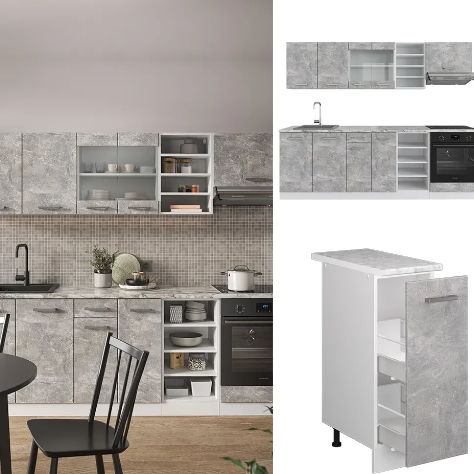 Vicco Küchenzeile R-Line, Küchenblock, Beton/Weiß, 240 cm, AP Marmor