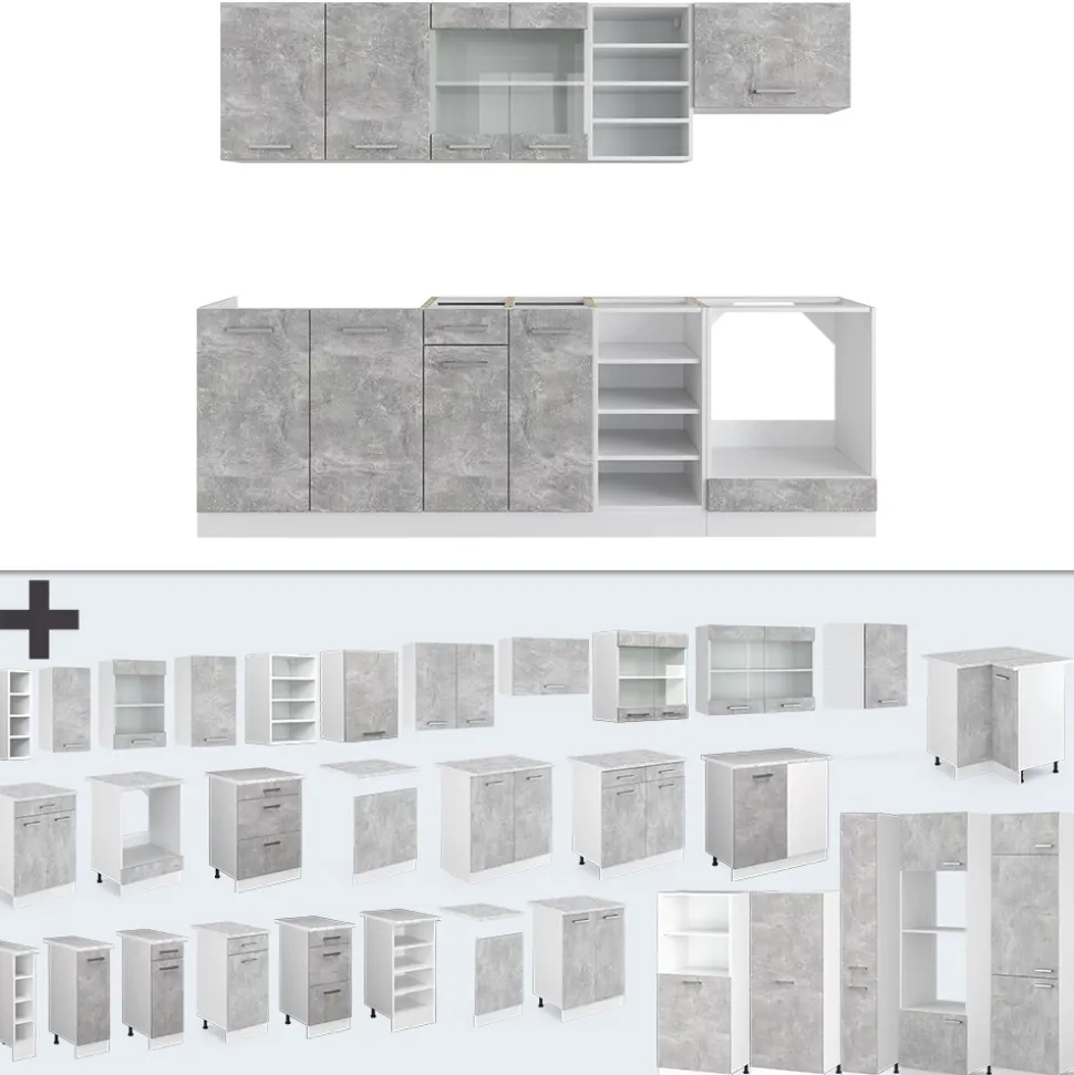 Vicco Küchenzeile R-Line, Küchenblock, Beton/Weiß, 240 cm, AP Marmor