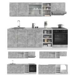 Vicco Küchenzeile R-Line, Küchenblock, Beton/Weiß, 240 cm, AP Marmor