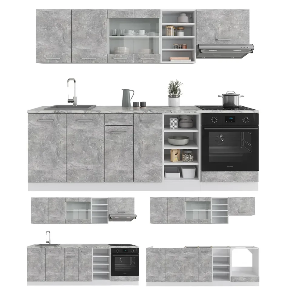 Vicco Küchenzeile R-Line, Küchenblock, Beton/Weiß, 240 cm, AP Marmor