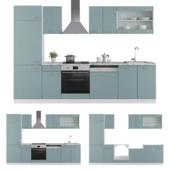 Vicco Küchenzeile R-Line, Küchenblock, Blau-Grau/Weiß, 300 cm ohne Arbeitsplatte