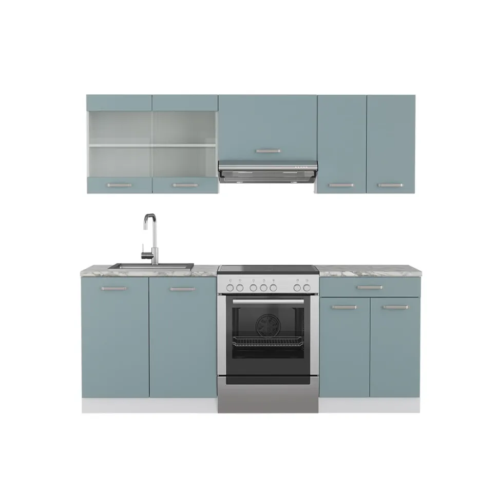 Vicco Küchenzeile R-Line, Küchenblock, Blau-Grau/Weiß, 200 cm ohne Arbeitsplatte