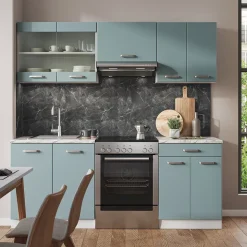 Vicco Küchenzeile R-Line, Küchenblock, Blau-Grau/Weiß, 200 cm ohne Arbeitsplatte