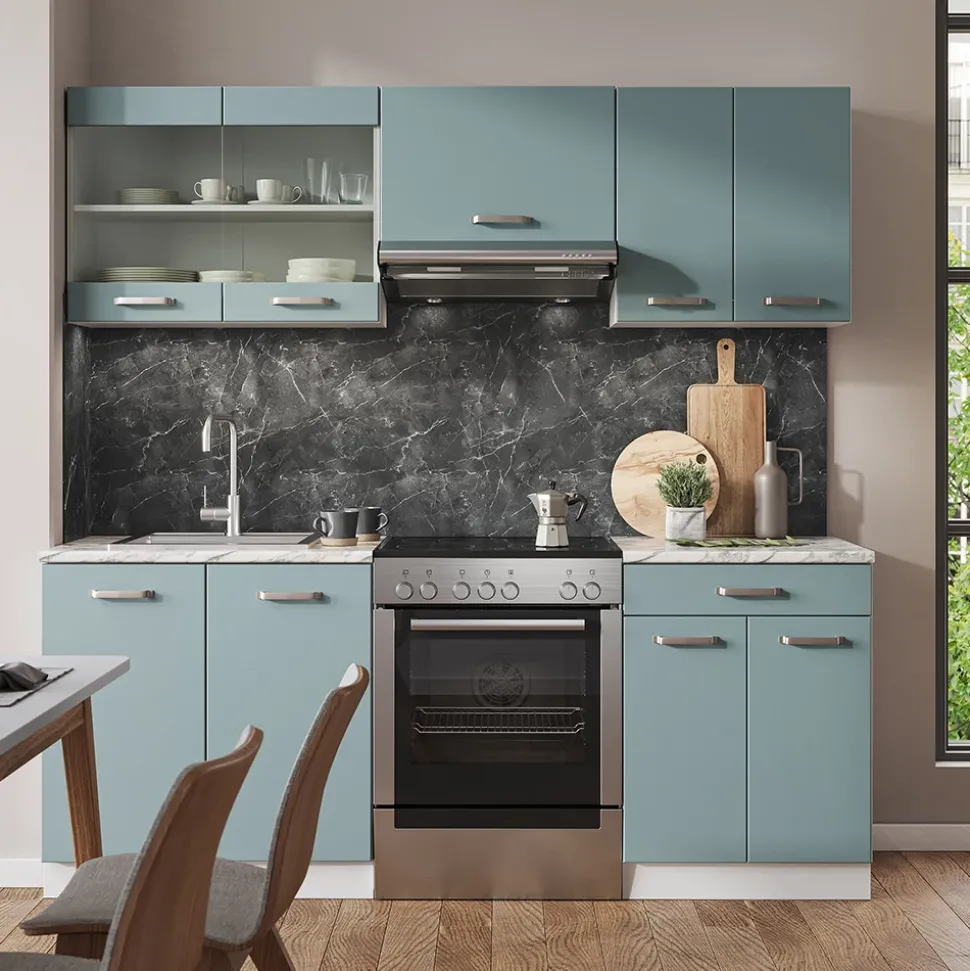 Vicco Küchenzeile R-Line, Küchenblock, Blau-Grau/Weiß, 200 cm ohne Arbeitsplatte