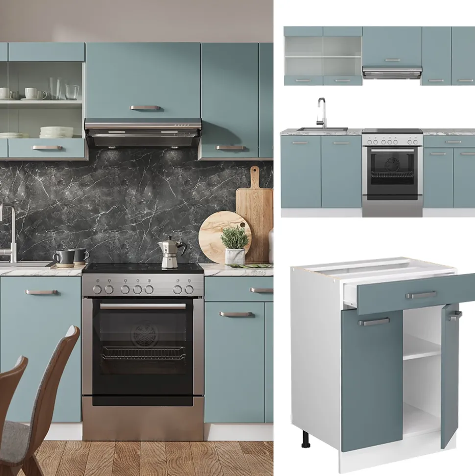 Vicco Küchenzeile R-Line, Küchenblock, Blau-Grau/Weiß, 200 cm ohne Arbeitsplatte