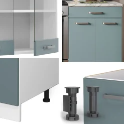 Vicco Küchenzeile R-Line, Küchenblock, Blau-Grau/Weiß, 200 cm ohne Arbeitsplatte