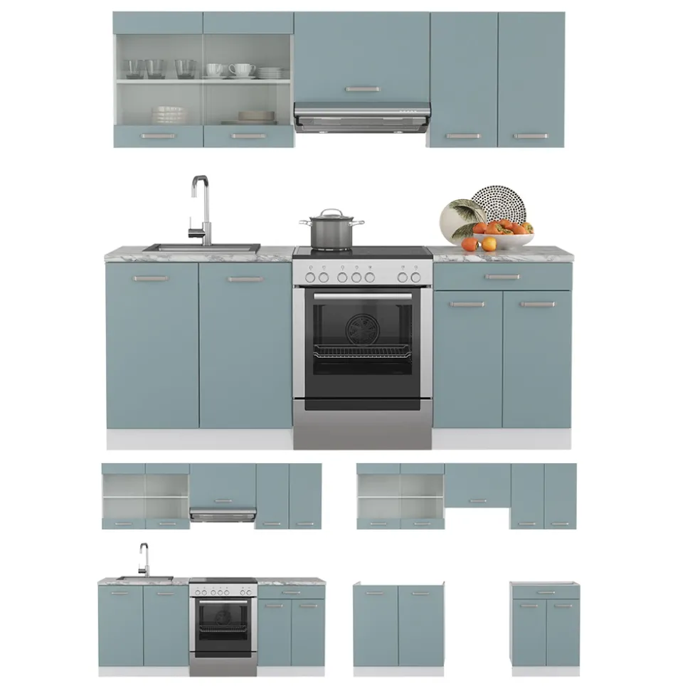 Vicco Küchenzeile R-Line, Küchenblock, Blau-Grau/Weiß, 200 cm ohne Arbeitsplatte