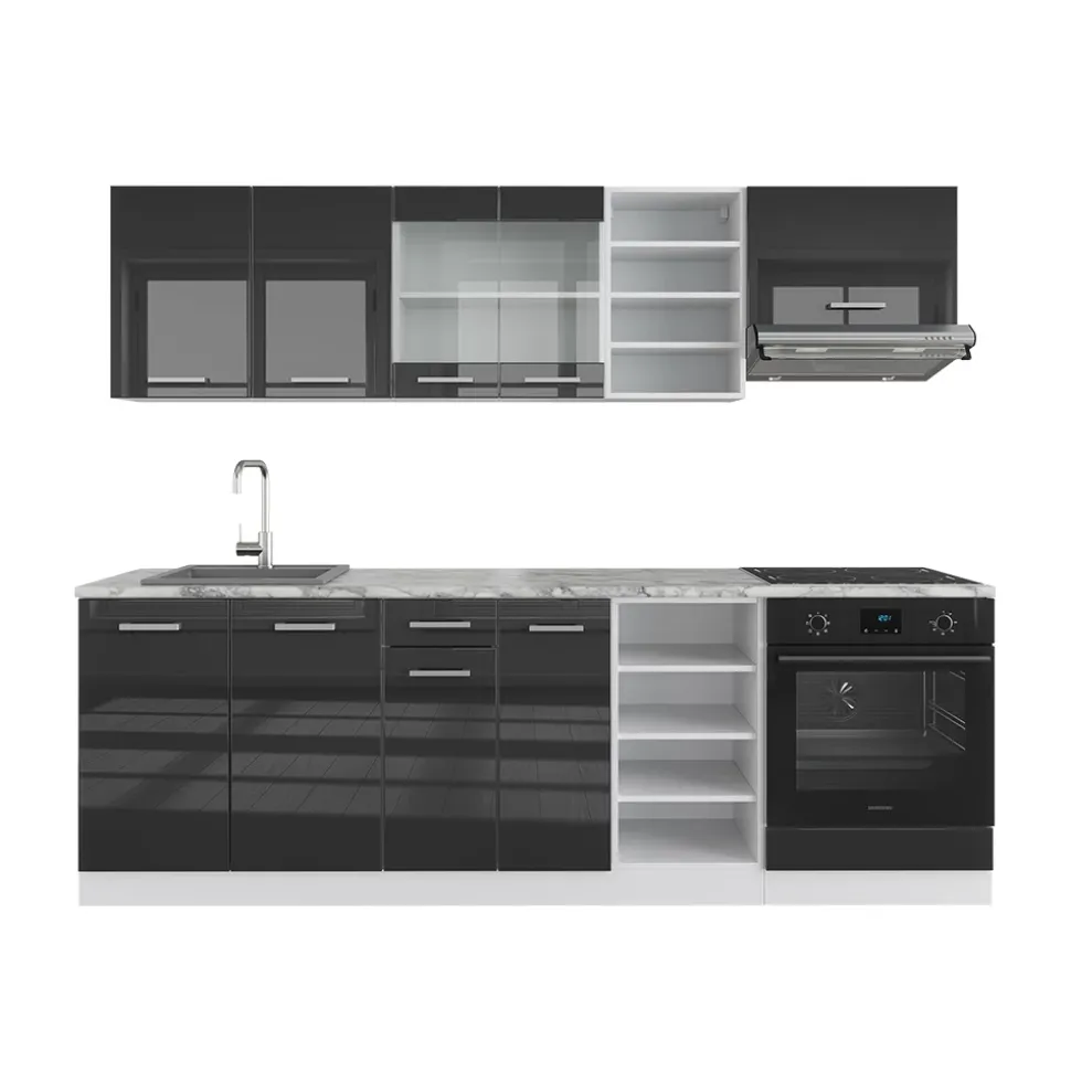 Vicco Küchenzeile R-Line, Küchenblock, Anthrazit Hochglanz/Weiß, 240 cm, AP Marmor